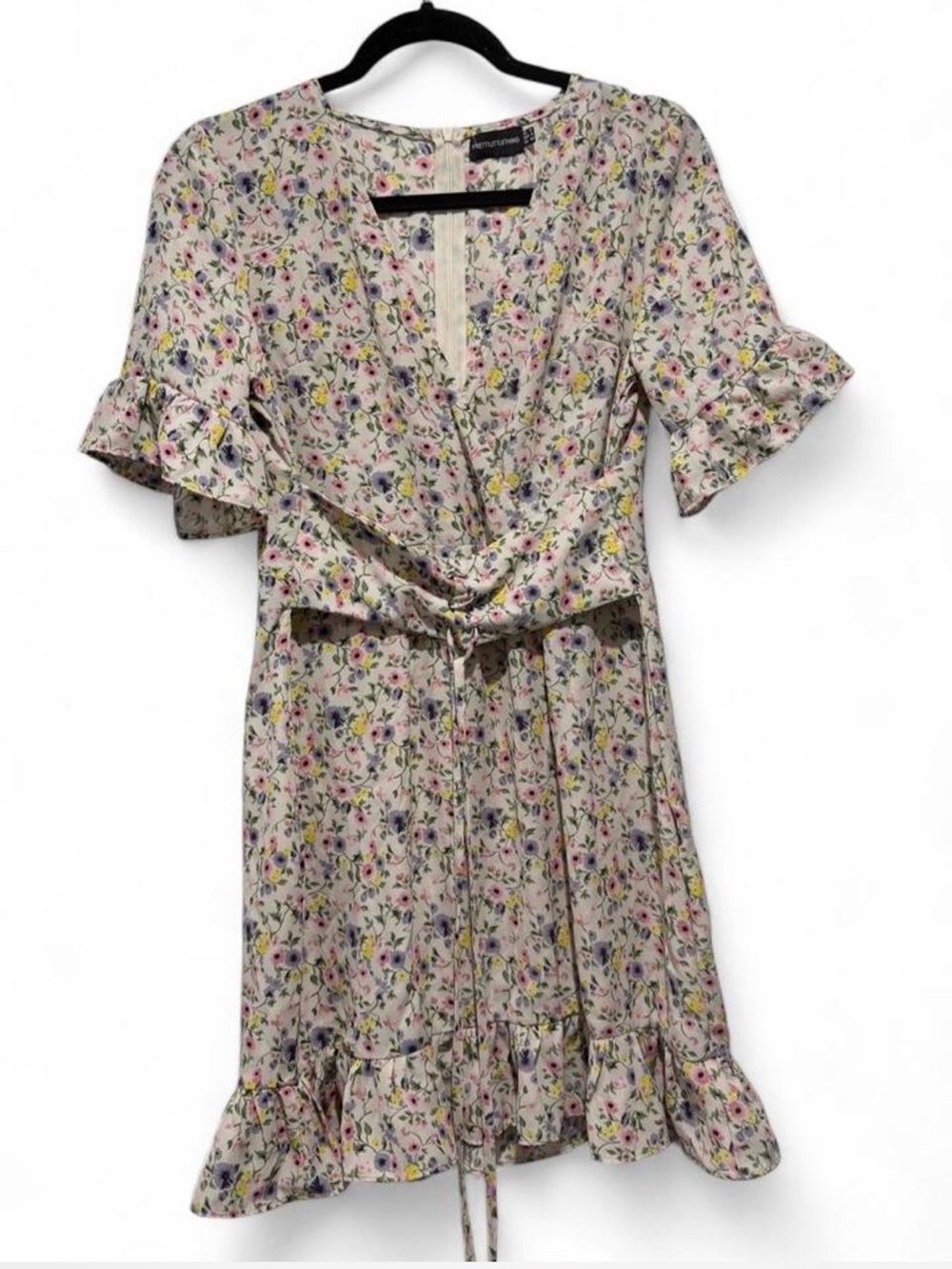PrettyLittleThing Cream Floral Tie-Front Ruffle Dress